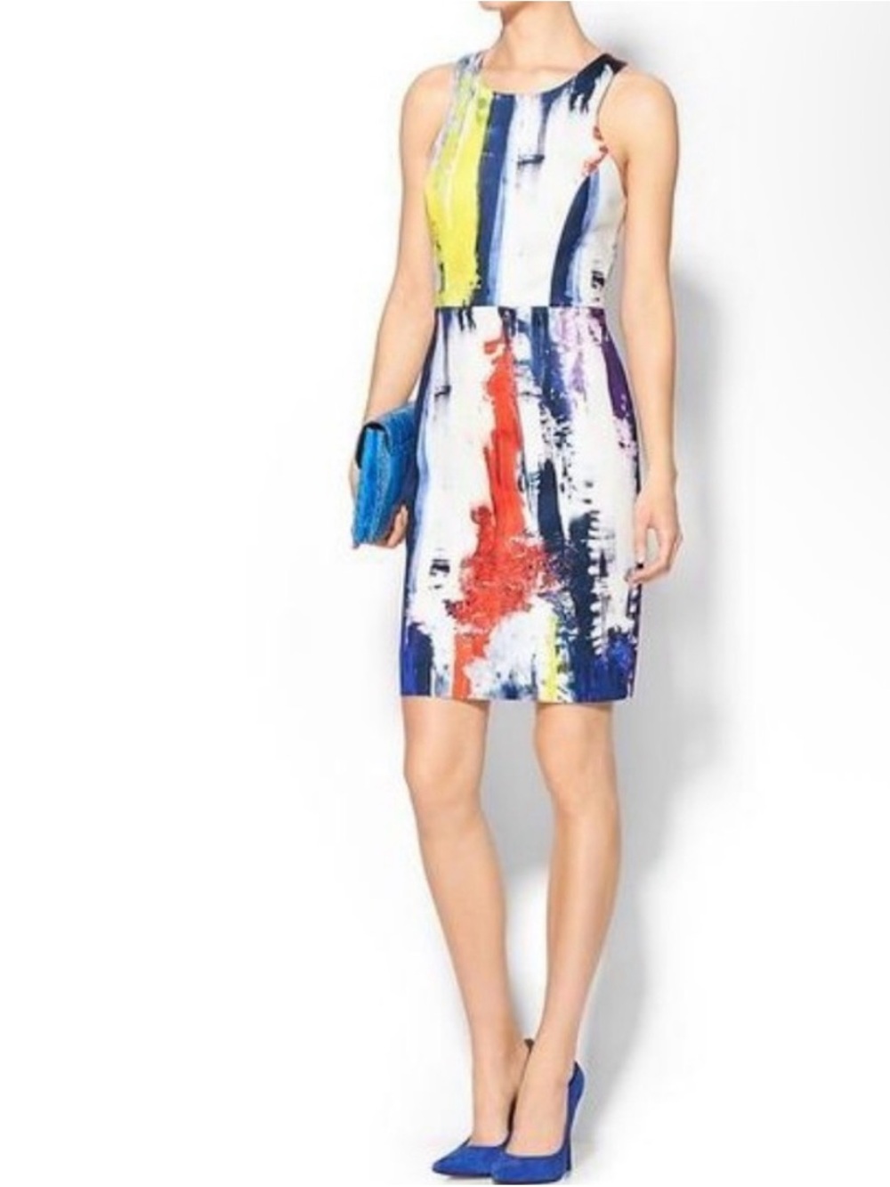 Milly Abstract Brushstroke Mini Dress in Blue, Red & Yellow